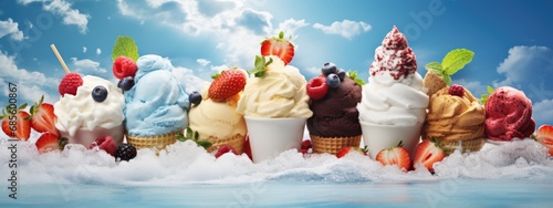 Collection of various delicious ice cream. Lolly ice, cones with different topping, fruit, chocolate and vanilla icecream on blue sky background photo