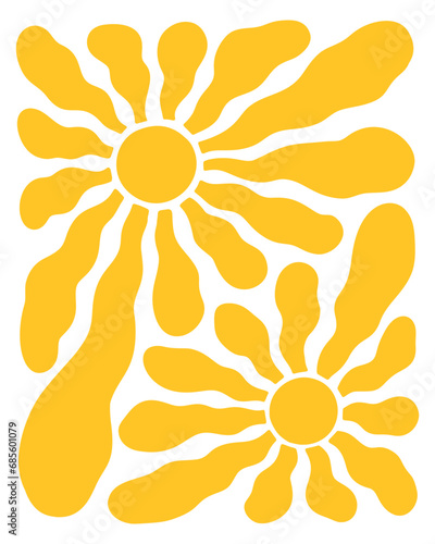 Retro Groovy Sun Background. Abstract Wave Ray Pattern in Trendy 70s Style. Boho Colorful Groovy Sun Psychedelic Vintage Background. Graphic Fun Hippie Poster. Abstract Summer Wallpaper.