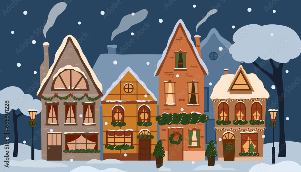 Winter city with houses in snow, decorated for Christmas. Street of European house building with Christmas decoration on facade. Winter holiday. European cityscape panorama. Flat vector illustration