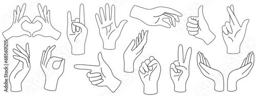Set of hands drawn with black contour lines style human arms. Vector different man woman hands showing signs. Non-verbal or manual communication, body language. Monochrome illustration