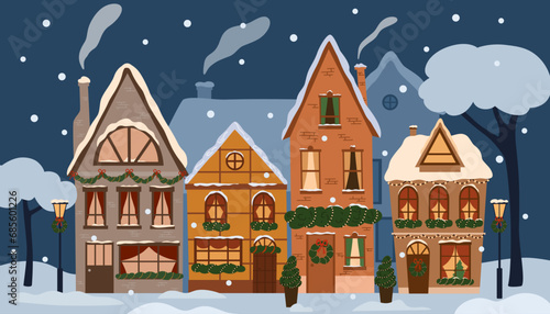 Winter city with houses in snow, decorated for Christmas. Street of European house building with Christmas decoration on facade. Winter holiday. European cityscape panorama. Flat vector illustration