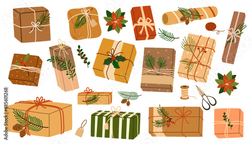 Christmas gifts in kraft paper set. Gift boxes DIY rustic present boxes in craft wrappings with twine bows and branches, Xmas wreaths, envelopes. Flat vector illustrations isolated on white background