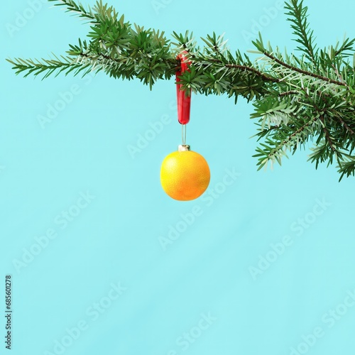 Closeup Orange Fruit Ornament Christmas decoration hanging on Christmas tree on white background. 3D Rendering Christmas concept idea.

