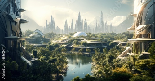 Futuristic Islamic city in the jungle environment  cinematic view