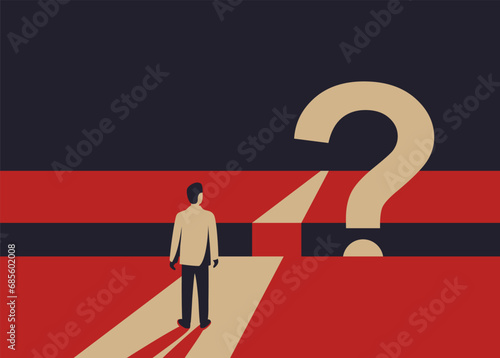 Person standing at the obstacle with big question