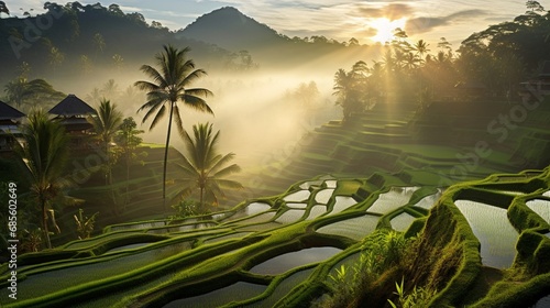 A tranquil dawn in the rice terraces of Bali, Indonesia, with a soft mist hanging over the lush green paddies.