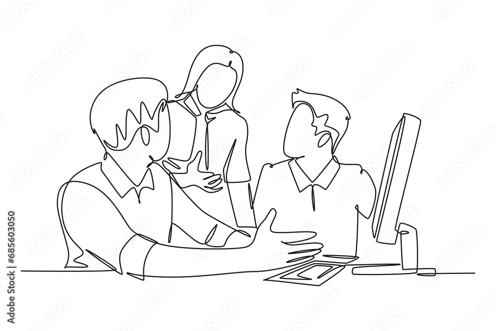 Single continuous line drawing of young businessmen discussing new product launch during team meeting. Business innovation discussion concept. Dynamic one line draw graphic design vector illustration Single continuous line drawing of young businessmen discussing new product launch during team meeting. Business innovation discussion concept. Dynamic one line draw graphic design vector illustration