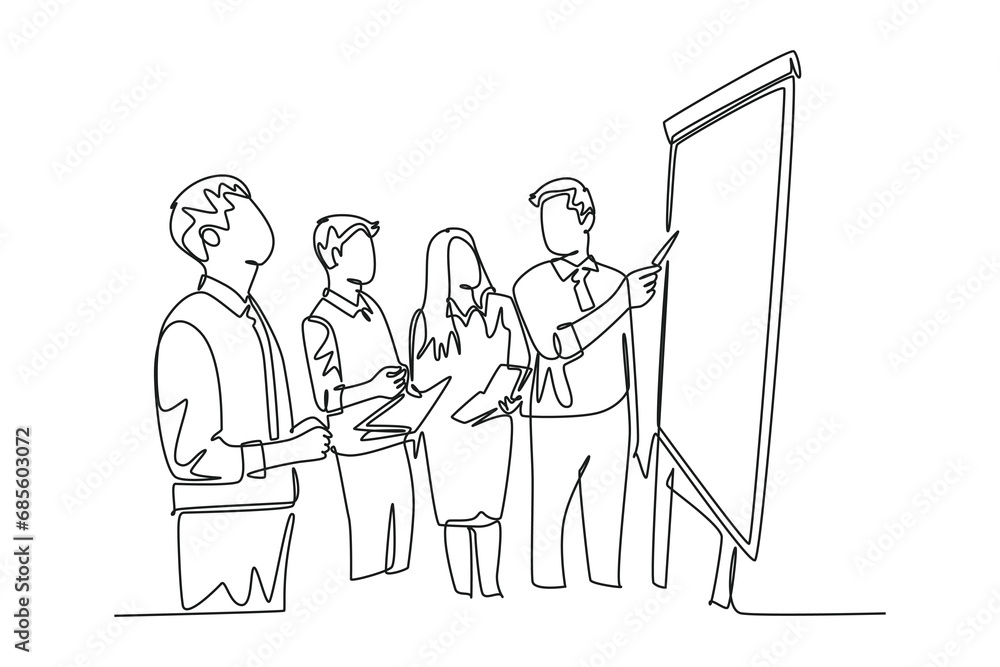 Single continuous line drawing young happy manager giving presentation about increasing product sales to his team at the office. Group meeting concept. One line draw graphic design vector illustration Single continuous line drawing young happy manager giving presentation about increasing product sales to his team at the office. Group meeting concept. One line draw graphic design vector illustration
