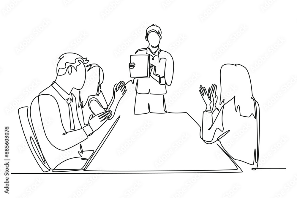 Single continuous line drawing of young happy manager giving interpersonal skill lesson at team meeting in the office. Business presentation concept. One line draw graphic design vector illustration
