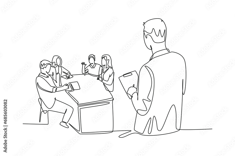 Single one line drawing young happy manager leading presentation of company annual report at the office room. Business meeting concept. Modern continuous line draw design graphic vector illustration