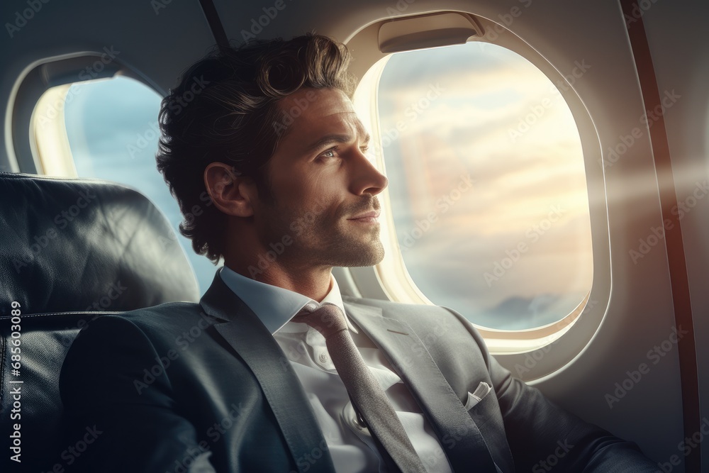 White businessman gazing out of airplane window
