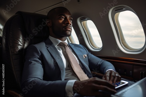 Black businessman gazing out of airplane window © ChaoticMind
