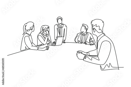 Single continuous line drawing young happy board of director discussing company profit sharing during meeting. Group business training concept. Dynamic one line draw graphic design vector illustration