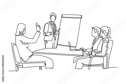 Single continuous line drawing of young happy business instructor teaching interpersonal skill to the attendees during presentation. Business training. One line draw graphic design vector illustration