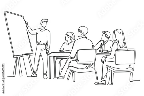 Single continuous line drawing happy trainer teaching life skill and interpersonal skill lessons to young CEOs. Business training and meeting concept. One line draw graphic design vector illustration photo