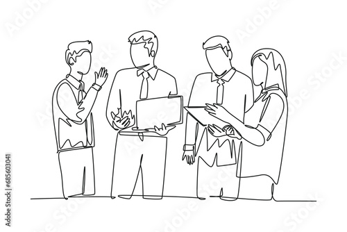 Single continuous line drawing young attractive businessmen and businesswoman listening trainer explain business lesson. Business presentation concept. One line draw graphic design vector illustration