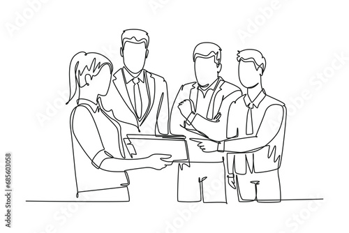 Single continuous line drawing young happy male and female workers standing and discussing project at meeting room. Work discussion at office concept. One line draw graphic design vector illustration