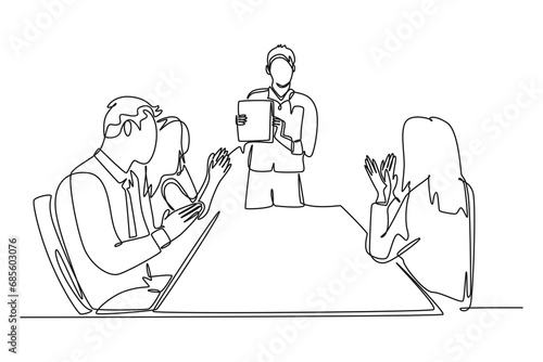 Single continuous line drawing of young happy manager giving interpersonal skill lesson at team meeting in the office. Business presentation concept. One line draw graphic design vector illustration