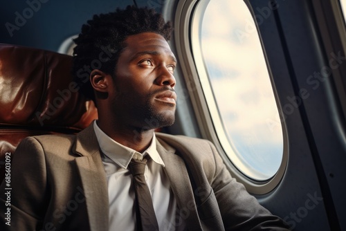 Black businessman gazing out of airplane window