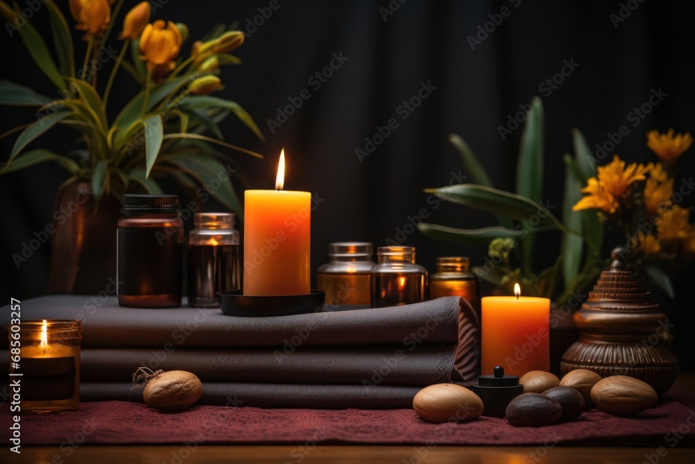 Yoga mat and candles in a dimly lit sanctuary, hygge concept