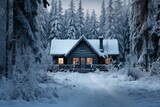 Snowy cabin surrounded by nature serenity, hygge concept