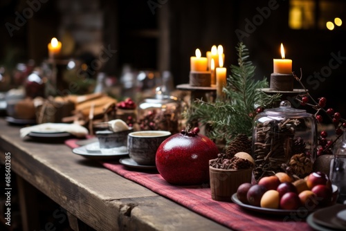 Steaming mulled wine on a rustic table with cinnamon sticks and spices  hygge concept