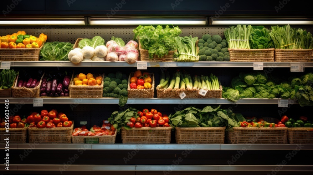Healthy fruits and vegetables on a shelf in a supermarket background wallpaper ai generated image