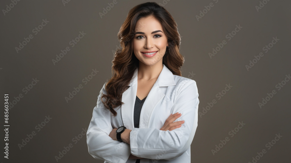 Portrait of smiling female doctor on blur background. Generative AI Portrait of smiling female doctor on blur background. Generative AI