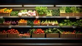 Fresh and clean healthy fruits and vegetables on a shelf in a supermarket background wallpaper ai generated image