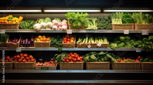 Healthy fruits and vegetables on a shelf in a supermarket background wallpaper ai generated image © anis rohayati