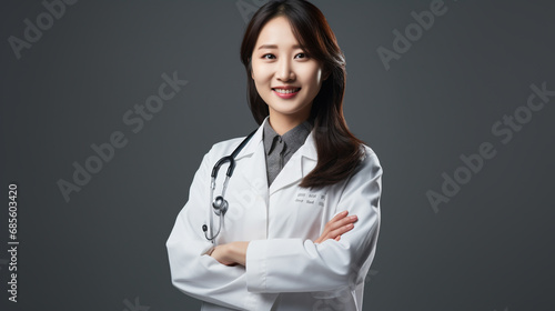 Portrait of smiling female doctor on blur background. Generative AI