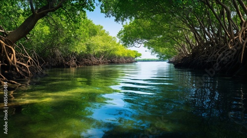 A tranquil mangrove forest in the littoral zone  with clear water reflecting the dense  green vegetation.