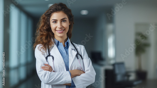 Portrait of smiling female doctor on blur background. Generative AI