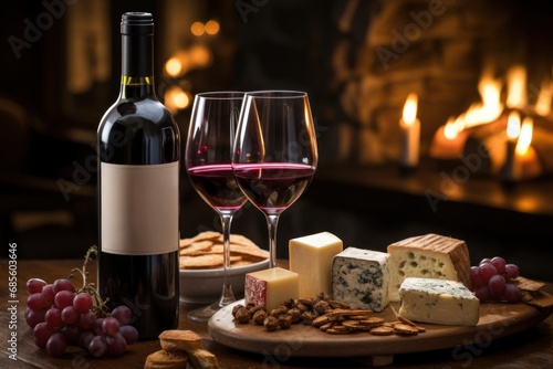 Warm fireplace ambiance paired with wine and a delectable cheese platter, hygge concept