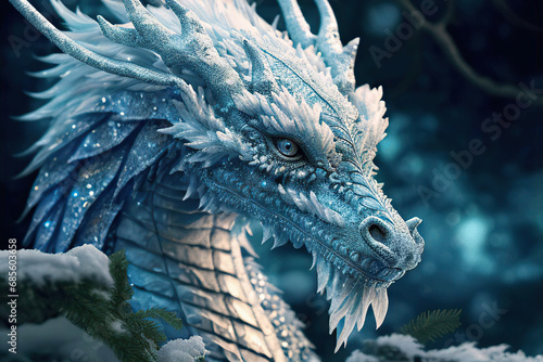 Portrait of a beautiful magical patterned white and cyan winter dragon in the winter forest, Year of the Dragon, Generative AI © Eva