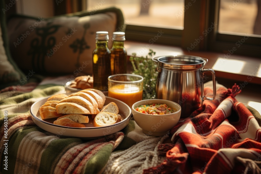 Warm and inviting picnic scene with comfort food and hot soup, hygge concept Warm and inviting picnic scene with comfort food and hot soup, hygge concept
