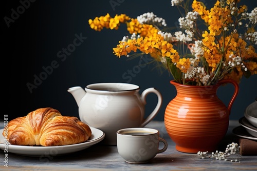 A rustic spread with pastries tea and freshly picked blooms, hygge concept © Stocks Buddy