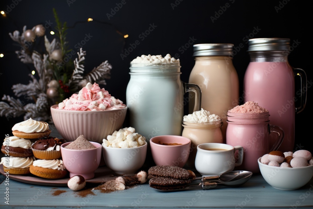 Inviting hot chocolate bar with customizable toppings and mugs, hygge concept Inviting hot chocolate bar with customizable toppings and mugs, hygge concept
