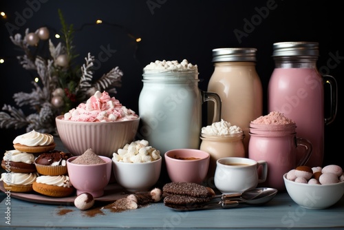 Inviting hot chocolate bar with customizable toppings and mugs, hygge concept