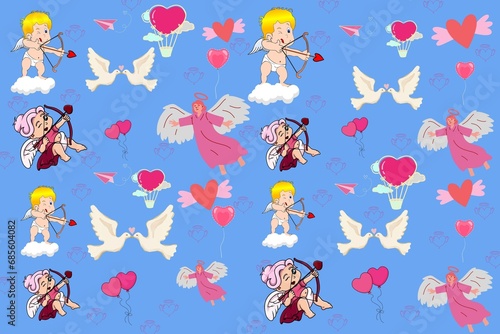 Valentine's Day greeting card or banner design with cupid illustration and flying heart Love.