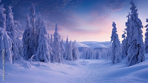 A tranquil scene of snow-covered fir trees in the subpolar region just before dawn. © AQ Arts