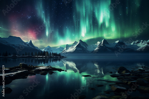 A mesmerizing photograph of the Northern Lights dancing across the night sky, showcasing the ethereal beauty of the Aurora Borealis.