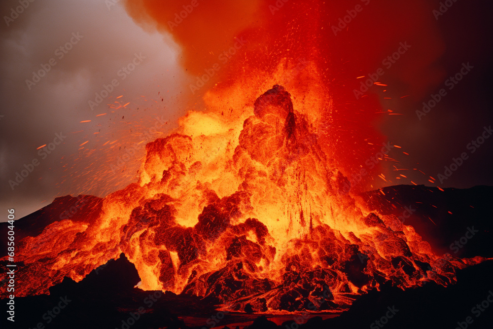 A photograph capturing the explosive power of a volcanic eruption, with molten lava spewing into the air against a backdrop of fiery intensity.