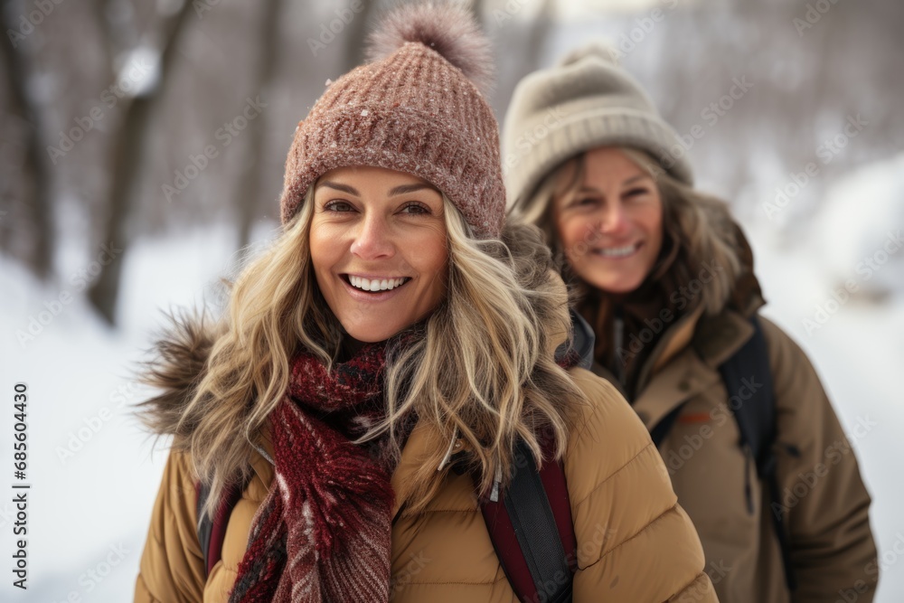 Friends wrapped in warmth taking a delightful snowy walk together, hygge concept