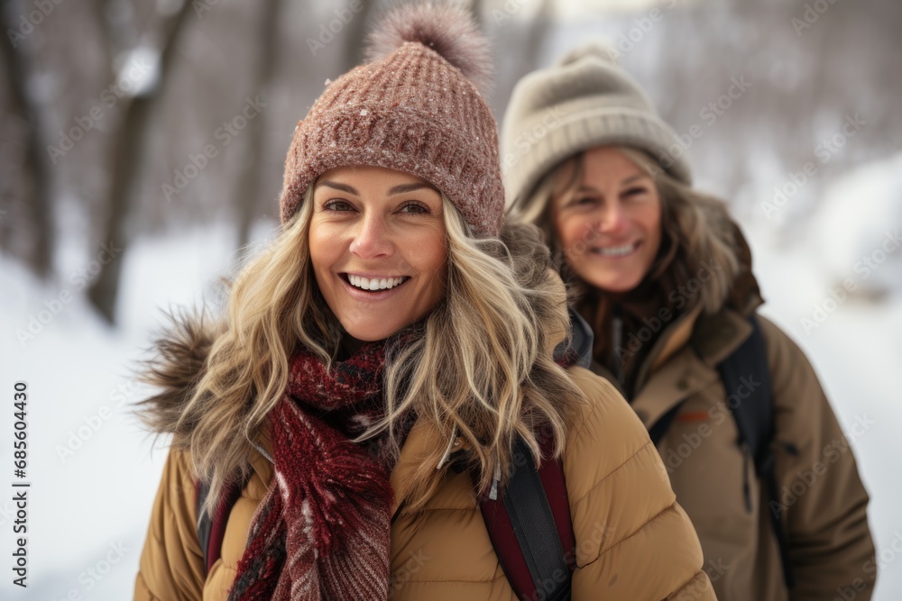 Friends wrapped in warmth taking a delightful snowy walk together, hygge concept Friends wrapped in warmth taking a delightful snowy walk together, hygge concept