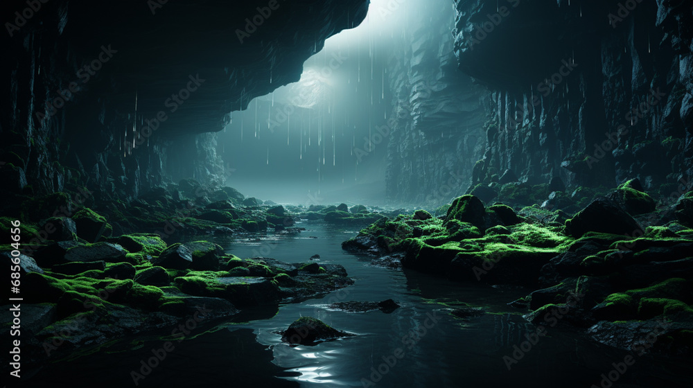 Underground cave illuminated by the soft glow of bioluminescent organisms, creating an otherworldly and mystical atmosphere.
