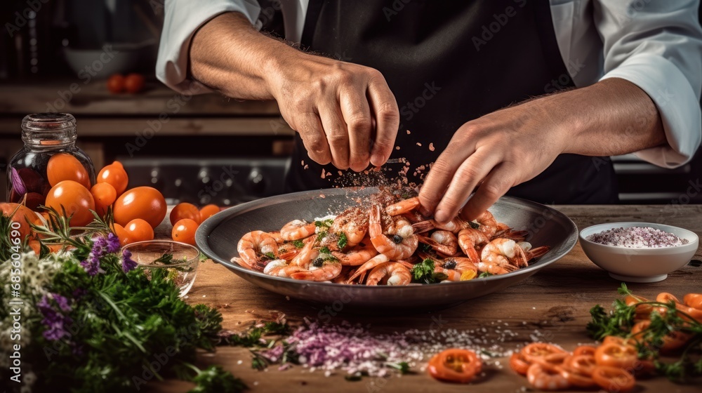 Professional Chef prepares delicious shrimp seafood food background wallpaper ai generated image