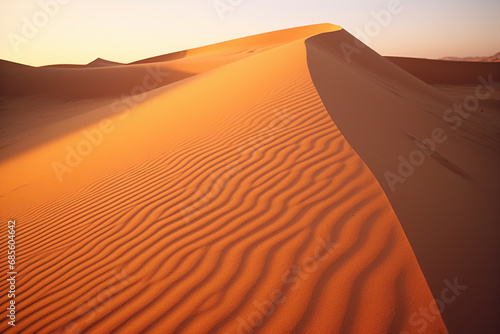 Golden hour photograph of sand dunes in the desert  capturing the shifting shadows and warm hues of a desert sunset.