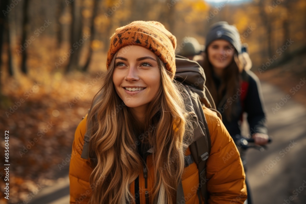 Friends pedaling through a park blanketed in fall foliage, hygge concept Friends pedaling through a park blanketed in fall foliage, hygge concept