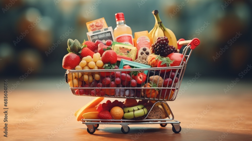 shopping basket full of supermarket groceries background wallpaper ai generated image - obrazy, fototapety, plakaty 